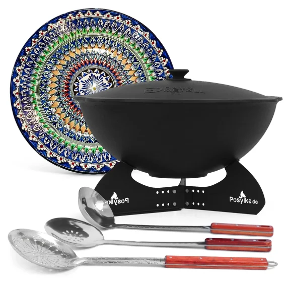 Kasan aus Gusseisen, Aluminiumdeckel, flacher Boden, 22 l, Ø 52,7 cm + Ständer + Lagan Ø 42 cm + Küchenzubehör