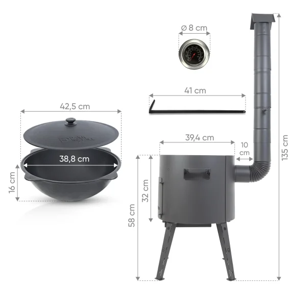 Учаг печь Ø 40 см + чугунный казан 12 л, Ø 42,5 см, круглое дно + кухонные принадлежности, узбекский чугунный казан для гриля и плова