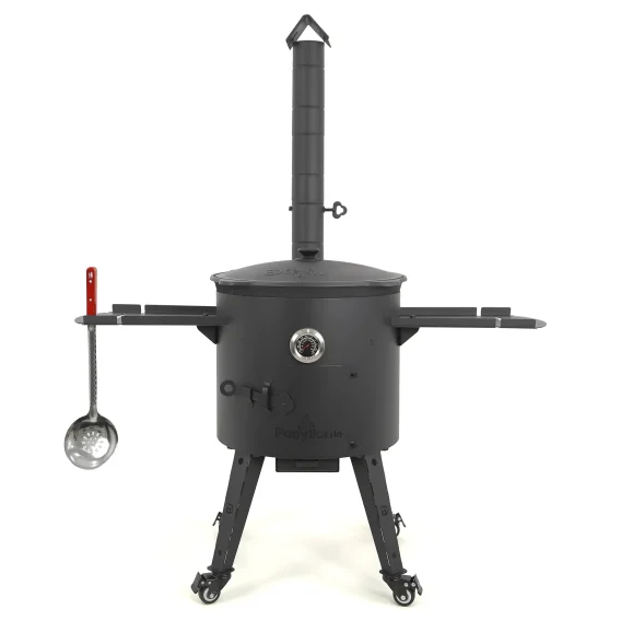 Набор - Учаг с трубой Ø 44 см + казан плоское дно, Ø 46,5 см, 16 л + термометр + ролики: 4 шт. + столик: 2 шт. + шумовка + ручка 