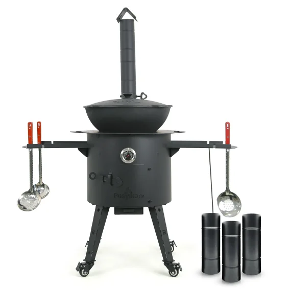 Set - Feuerofen mit Rohr Ø44cm+KasanØ 46,5cm,16 l+Thermometer+Verlängerung+Herdplatte+Rollenset+Ablagetisch+Schaumlöffel+Schöpfkelle+Zahnstocherspende