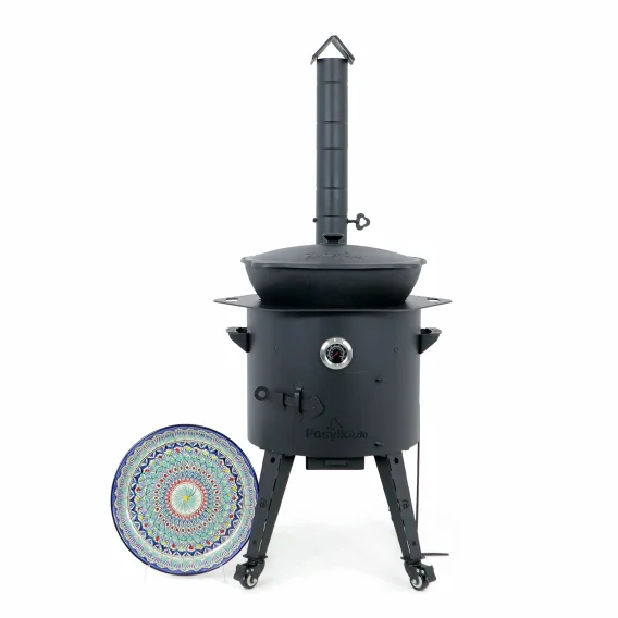 Utschak Feuerofen Ø 44 cm + Gusseisen-Kasan 16 l, Ø 46,5 cm, runder Boden + Küchenzubehör, Usbekischer Kochtopf aus Gusseisen