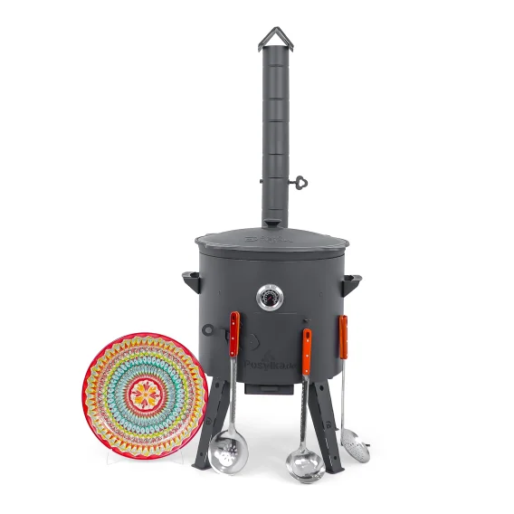 Utschak Feuerofen Ø 44 cm + Gusseisen-Kasan 16 l, Ø 46,5 cm, runder Boden + Küchenzubehör, Usbekischer Kochtopf aus Gusseisen