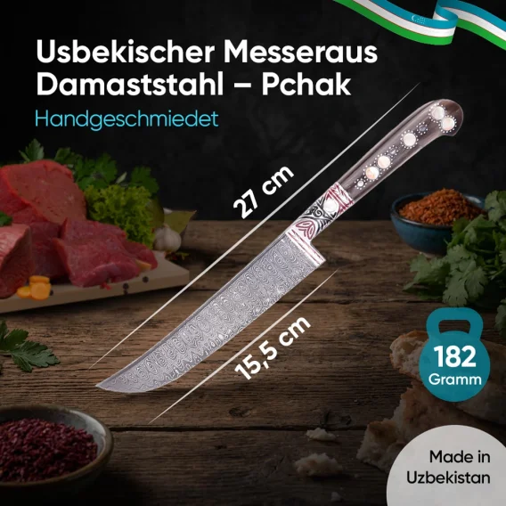 Usbekischer Messer aus Damaststahl – Pchak, 27 cm