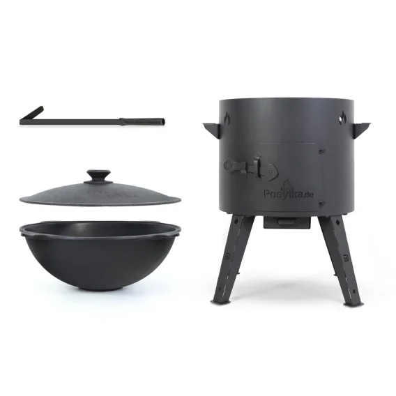 Set - Feuerofen - KazanoFF, für usbekischen Kasan 16 Liter, Ø 44 cm + Gusseisenkasan, Aluminiumdeckel, flacher Boden, Ø 46,5 cm, 16 l