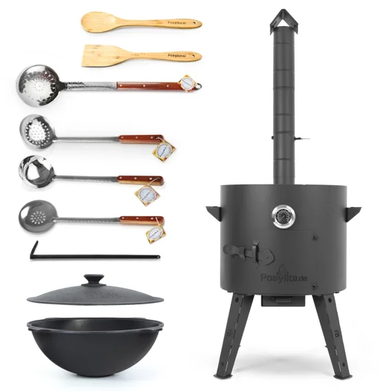 Set - Feueroffen - KasanoFF, 16 Liter, Ø 44 cm + Gusseisenkasan, flacher Boden, Ø 46,5 cm, 16 l, Thermometer, Schaumlöffel: 3 Stk., Schöpfkelle, Löffe