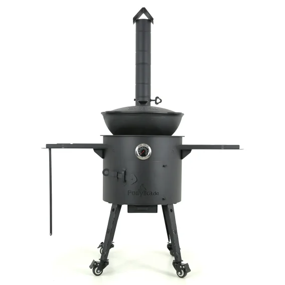 Набор - Учаг с трубой Ø 40 см + казан Ø 42,5 см, 12 л + термометр + ролики: 4 шт. + плита + столики: 2 шт. + ручка 