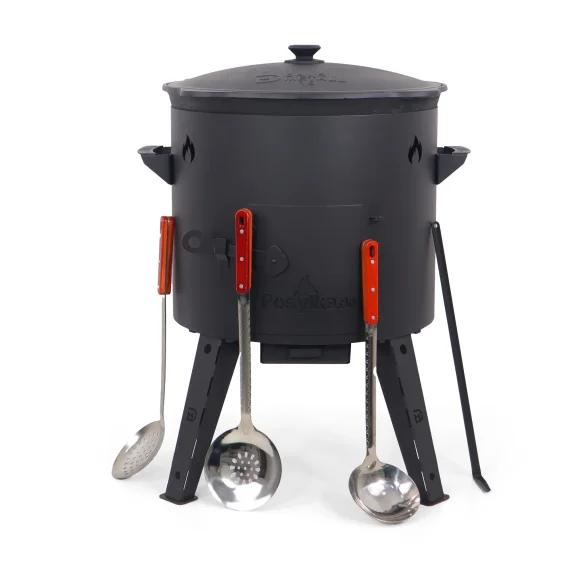 Utschak Feuerofen Ø 44 cm + Gusseisen-Kasan 16 l, flacher Boden + Küchenzubehör, Usbekischer Kochtopf aus Gusseisen