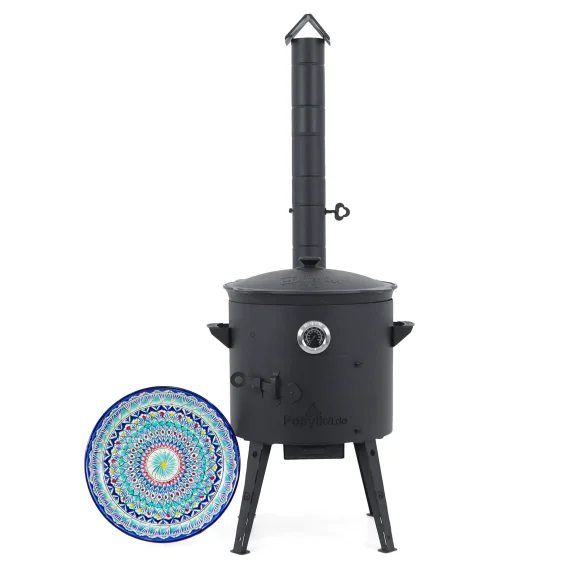 Utschak Feuerofen Ø 40 cm + Gusseisen-Kasan 12 L, Ø 42,5 cm, runder Boden + Küchenzubehör, Usbekischer Kochtopf aus Gusseisen