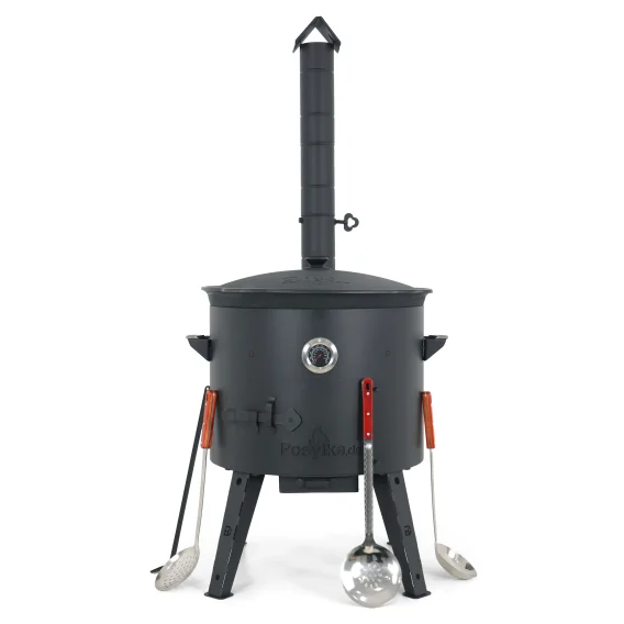 Utschak Feuerofen Ø 49 cm + Gusseisen-Kasan 22 L, flacher Boden + Küchenzubehör, Usbekischer Kochtopf aus Gusseisen