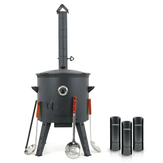 Utschak Feuerofen Ø 44 cm + Gusseisen-Kasan 16 l, flacher Boden + Küchenzubehör, Usbekischer Kochtopf aus Gusseisen