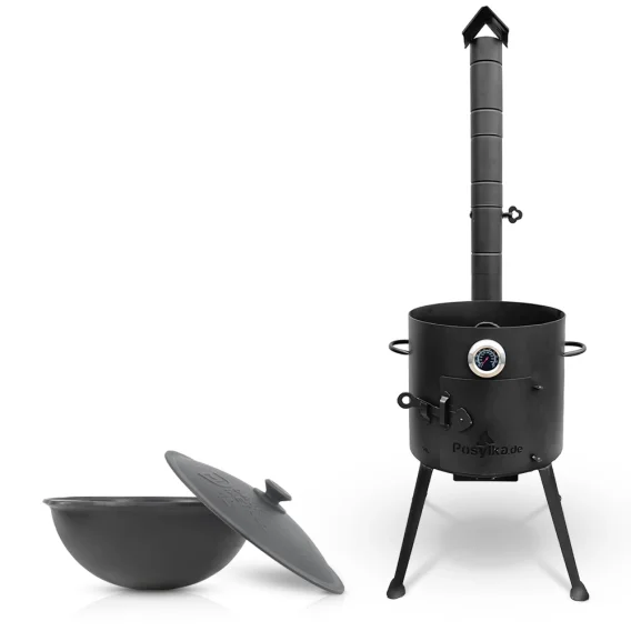 Set - Feuerofen - KasanoFF, für Kasan 10 Liter, Ø 36 cm + Gusseisenkasan, Aluminiumdeckel, runder Boden, Ø 38,5 cm, 10 l + Thermometer