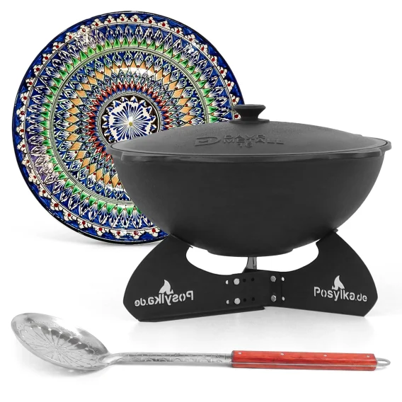 Kasan aus Gusseisen, Aluminiumdeckel, flacher Boden, 22 l, Ø 52,7 cm + Ständer + Lagan Ø 42 cm + Küchenzubehör