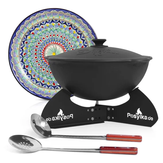 Kasan aus Gusseisen, Aluminiumdeckel, runder Boden, Ø 36,7 cm, 10 l + Untersetzer + Lagan Ø 32 cm + Küchenutensilien