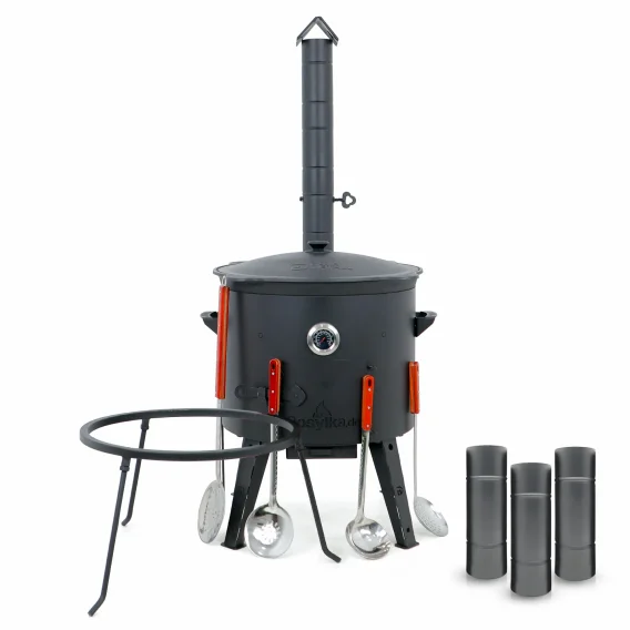 Utschak Feuerofen Ø 49 cm + Gusseisen-Kasan 22 L, Ø 52,7 cm, runder Boden + Küchenzubehör, Usbekischer Kochtopf aus Gusseisen