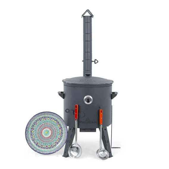 Utschak Feuerofen Ø 44 cm + Gusseisen-Kasan 16 l, Ø 46,5 cm, flacher Boden + Küchenzubehör, Usbekischer Kochtopf aus Gusseisen