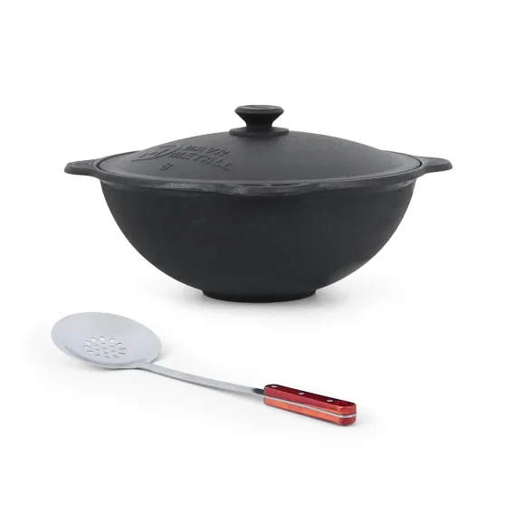 Set - Gusseisenkasan, Aluminiumdeckel, flacher Boden, Ø 37 cm, 8 l + Schaumlöffel 48 cm