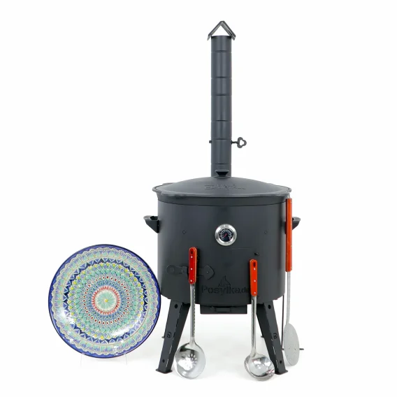Utschak Feuerofen Ø 49 cm + Gusseisen-Kasan 22 L, Ø 52,7 cm, flacher Boden + Küchenzubehör, Usbekischer Kochtopf aus Gusseisen