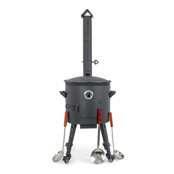 Utschak Feuerofen Ø 40 cm + Gusseisen-Kasan 12 L, flacher Boden + Küchenzubehör, Usbekischer Kochtopf aus Gusseisen