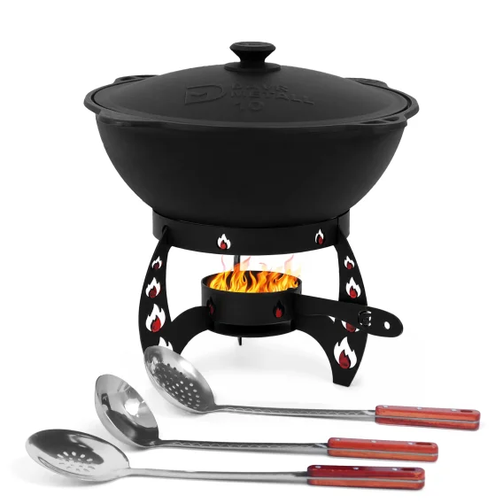 Kasan aus Gusseisen, Aluminiumdeckel, flacher Boden, Ø 36,7 cm, 10 l + Ständer + Küchenzubehör