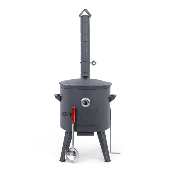 Utschak Feuerofen Ø 44 cm + Gusseisen-Kasan 16 l, Ø 46,5 cm, runder Boden + Küchenzubehör, Usbekischer Kochtopf aus Gusseisen
