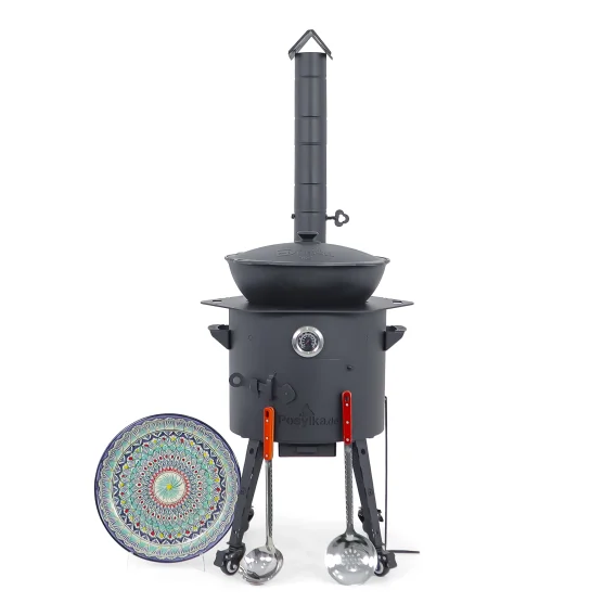 Utschak Feuerofen Ø 40 cm + Gusseisen-Kasan 12 L, flacher Boden + Küchenzubehör, Usbekischer Kochtopf aus Gusseisen