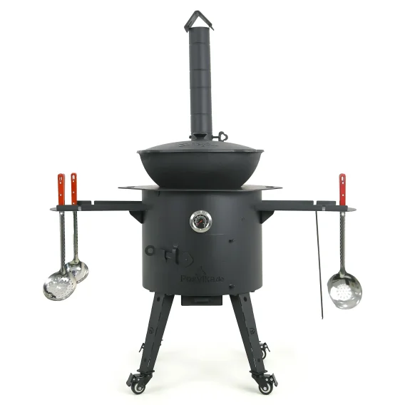  Set - Feuerofen mit Rohr Ø 44 cm+Kasan Ø 46,5 cm, 16 l +Thermometer+Herdplatte+Rollenset+Ablagetisch+Schaumlöffel+Schöpfkelle+Griff+Zahnstocherspende