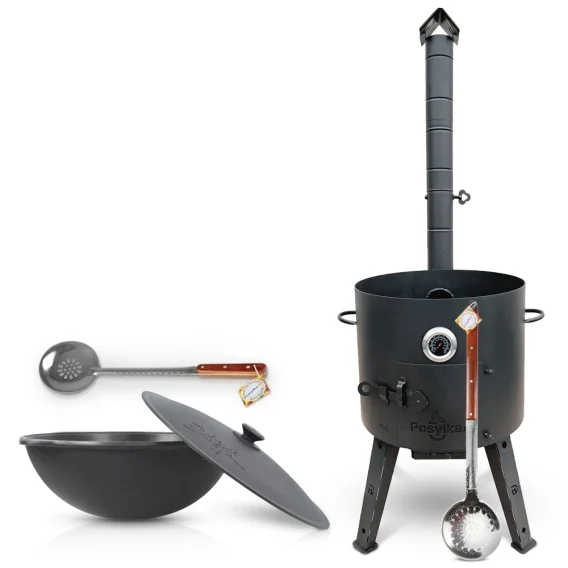 Set - Feuerofen- KazanoFF, für Kasan 16 Liter, Ø 44 cm + Gusseisenkasan, runder Boden, Ø 46,5 cm, 16 l + Thermometer + Schaumlöffel: 2 Stk.