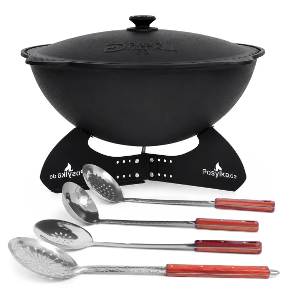 Kasan aus Gusseisen, Aluminiumdeckel, runder Boden, 22 l, Ø 52,7 + Ständer + Küchenzubehör