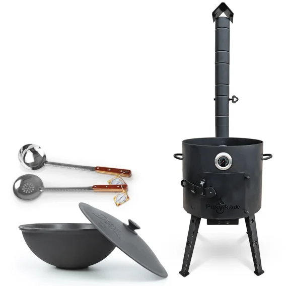 Set - Feuerofen - KasanoFF, 12 Liter, Ø 40 cm, Thermometer, Gusseisenkasan mit Deckel, flacher Boden, Ø 42,5 cm, 12 l, Schaumlöffel 48 cm, Schöpfkelle