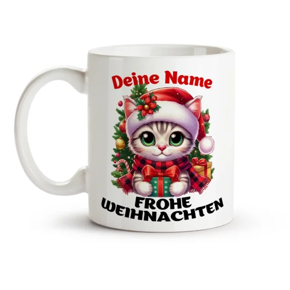 Кружка именная - Frohe Weihnachten, Kätzchen mit einem Geschenk, керамика, 330 мл