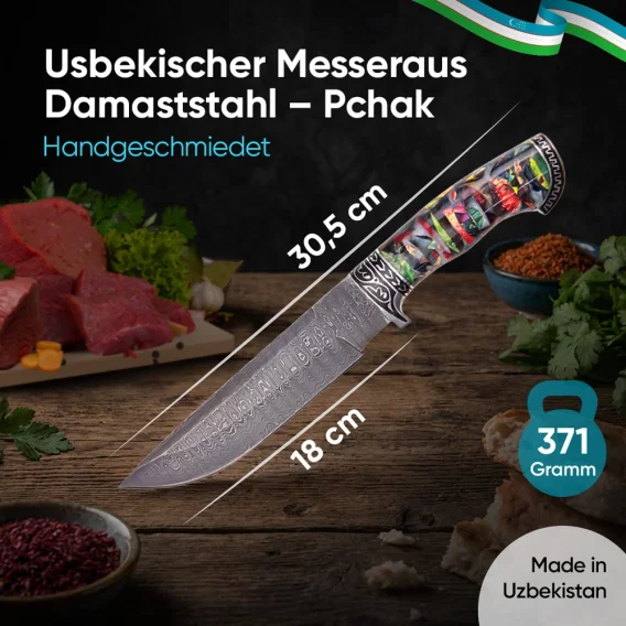 Usbekischer Messer aus Damaststahl – Pchak, 30,5 cm