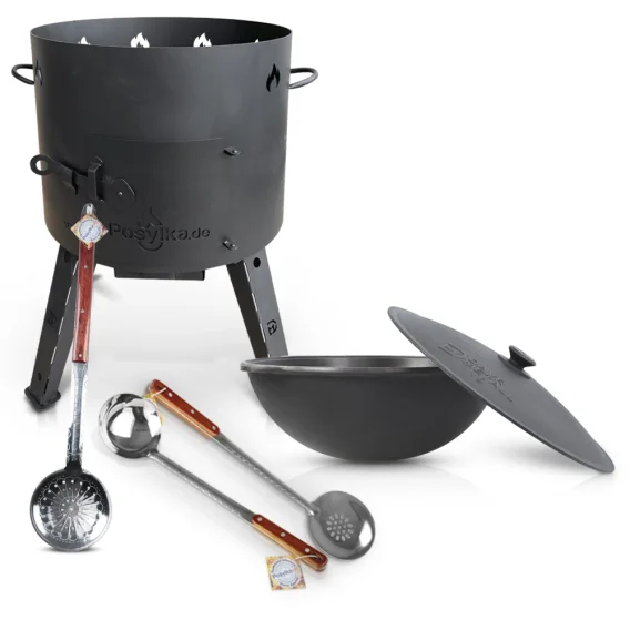Set - Uchag Feuerofen - KasanoFF, 16 Liter, Ø 44 cm + Gusseisenkessel, runder Boden, Ø 46,5 cm, 16 l + Schaumlöffel 64 cm + Schöpfkelle 48 cm