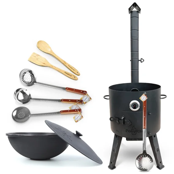 Set - Feueroffen - KasanoFF, 16 Liter, Ø 44 cm + Gusseisenkasan, flacher Boden, Ø 46,5 cm, 16 l, Thermometer, Schaumlöffel: 3 Stk., Schöpfkelle, Löffe