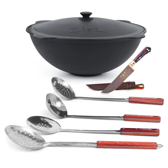 Kasan aus Gusseisen, Aluminiumdeckel, flacher Boden, 22 l, Ø 52,7 + Küchenzubehör