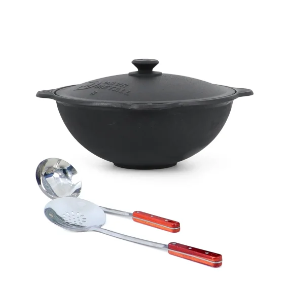 Set - Gusseisenkasan, Aluminiumdeckel, flacher Boden, Ø 37 cm, 8 l + Schaumlöffel 48 cm + Schöpfkelle 48 cm