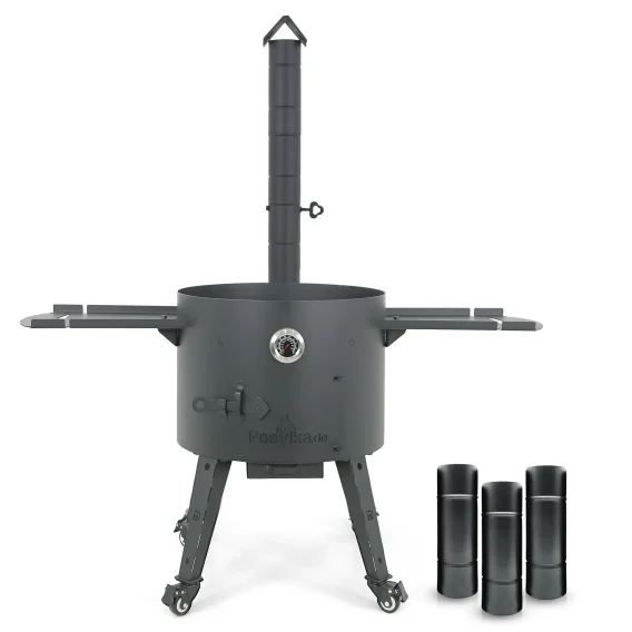 Feuerofen Utschak Ø 49 cm mit Abzugsrohr, für Kasan 22 L ,Thermometer, Transportrollen, Ablagetischen,