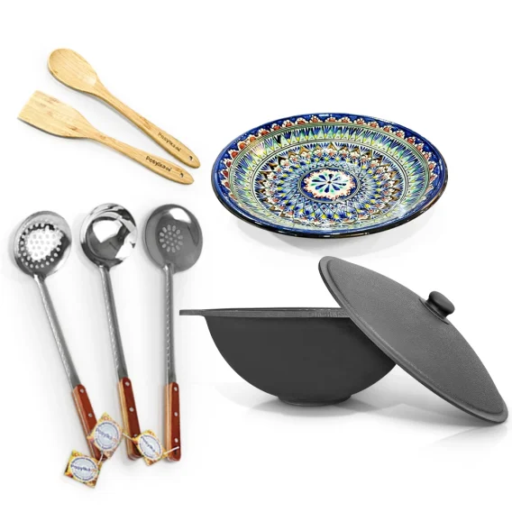 Set - Gusseiserner Kasan mit Aluminiumdeckel, flacher Boden, Ø 42,5 cm, 12 l + Ljagan Ø 34 cm + Zubehör