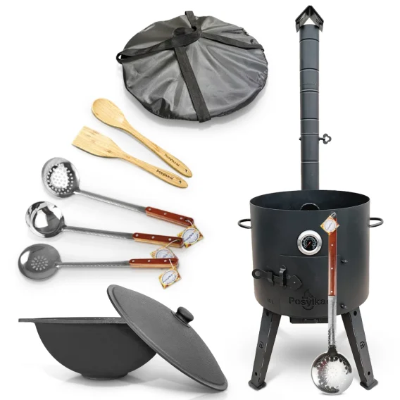Utschak Feuerofen Ø 44 cm + Gusseisen-Kasan 16 l, flacher Boden + Küchenzubehör, Usbekischer Kochtopf aus Gusseisen
