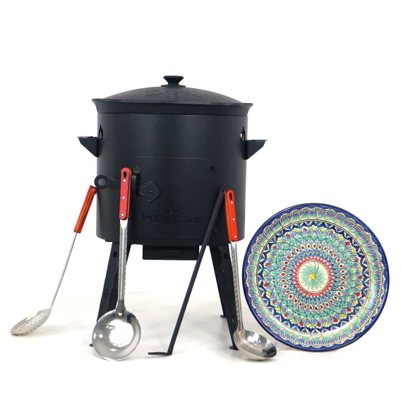 Utschak Feuerofen Ø 40 cm + Gusseisen-Kasan 12 L, flacher Boden + Küchenzubehör, Usbekischer Kochtopf aus Gusseisen für Grill & Plov