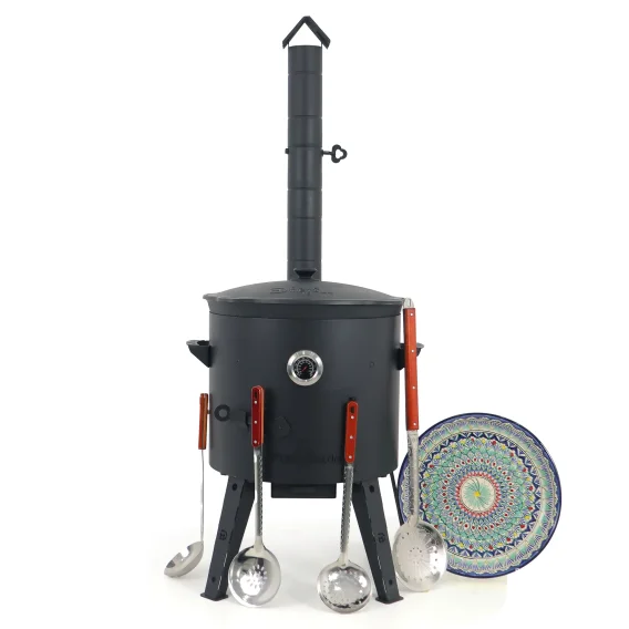 Utschak Feuerofen Ø 44 cm + Gusseisen-Kasan 16 l, Ø 46,5 cm, runder Boden + Küchenzubehör, Usbekischer Kochtopf aus Gusseisen