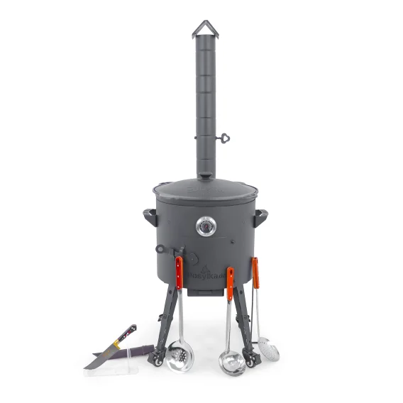 Utschak Feuerofen Ø 40 cm + Gusseisen-Kasan 12 L, runder Boden + Küchenzubehör, Usbekischer Kochtopf aus Gusseisen