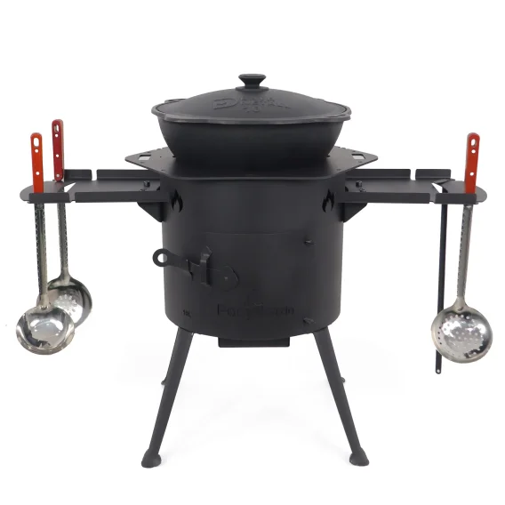 Utschak Feuerofen Ø 36 cm + Gusseisen-Kasan 10 L, flacher Boden, Ablagetische, Ofenplatte + Küchenzubehör, Usbekischer Kochtopf aus Gusseisen