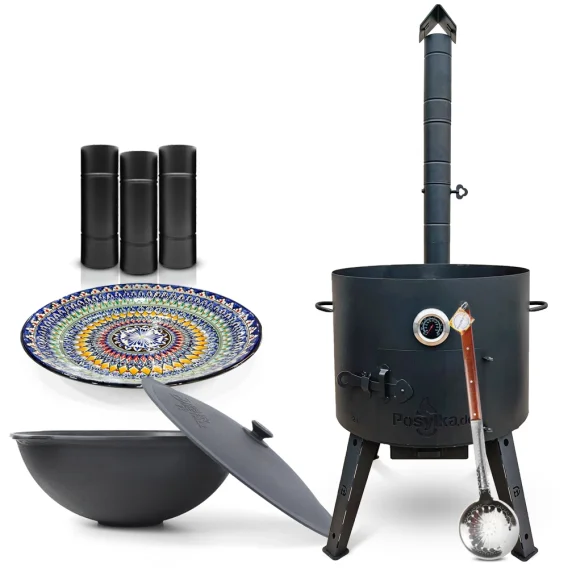 Set - Feuerofen - KasanoFF, Ø 49 cm + Gusseisenkasan, flacher Boden, 22 l, Ø 52,7 cm + Thermometer + Rohrverlängerung + Lagan MIX, Ø 42 cm + Schaumlöf