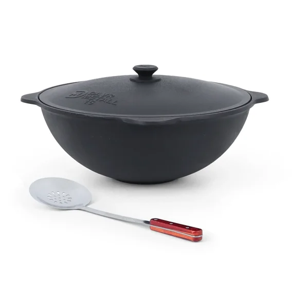 Set - Kasan aus Gusseisen, Aluminiumdeckel, flacher Boden, Ø 46,5 cm, 16 l + Schaumlöffel 48 cm 