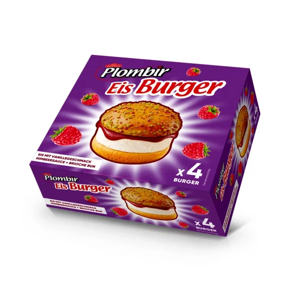 Eis - Burger, Plombir mit Vanillegeschmack und Himbeersauce in Brioche Brötchen, Dovgan, 340 g