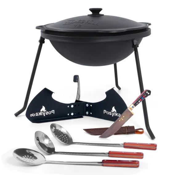Kasan aus Gusseisen, Aluminiumdeckel, runder Boden, Ø 42,5 cm, 12 l + Untersetzer + Dreibein + Küchenzubehör