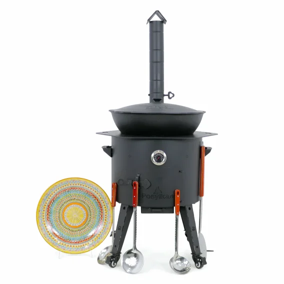 Учаг печь Ø 49 см + чугунный казан 22 л, круглое дно + кухонные принадлежности, узбекский чугунный казан для гриля и плова