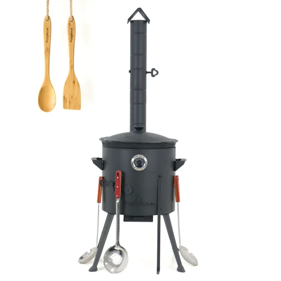 Utschak Feuerofen Ø 36 cm + Gusseisen-Kasan 10 L, runder Boden + Küchenzubehör, Usbekischer Kochtopf aus Gusseisen