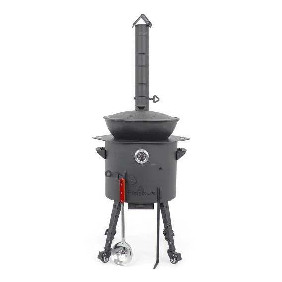 Utschak Feuerofen Ø 40 cm + Gusseisen-Kasan 12 L, flacher Boden + Küchenzubehör, Usbekischer Kochtopf aus Gusseisen