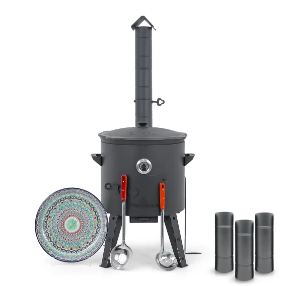 Utschak Feuerofen Ø 44 cm + Gusseisen-Kasan 16 l, Ø 46,5 cm, runder Boden + Küchenzubehör, Usbekischer Kochtopf aus Gusseisen